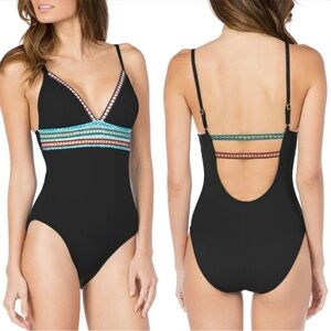 NWT $125 La Blanca Running Stitch One-Piece Swimsuit Black Size 16